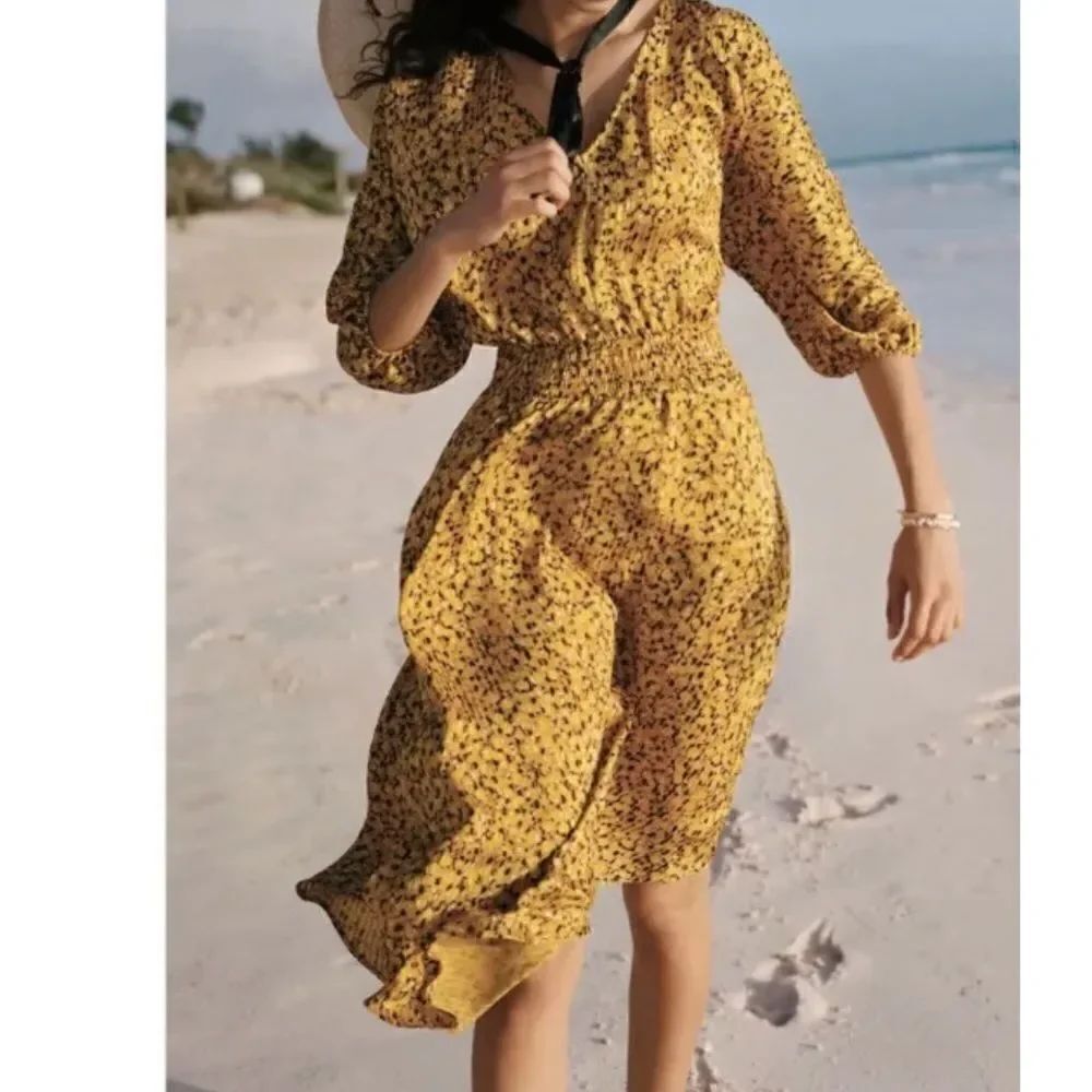 Anthropologie Marigold Midi Dress Floral Yellow V Neck Puff Sleeves Size XS